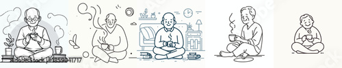 vector of a grandfather sitting on floor relaxed enjoying coffee