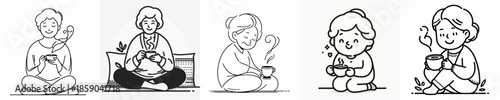vector of a grandmother sitting on floor relaxed enjoying coffee