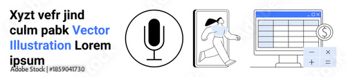 Audio recording, digital interaction, financial tracking, software design, data management, multimedia. Microphone, person on phone spreadsheet calculations. Audio recording and digital interaction
