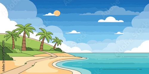 Tropical beach with palm trees, white sand, clear blue sea, and sunny summer sky