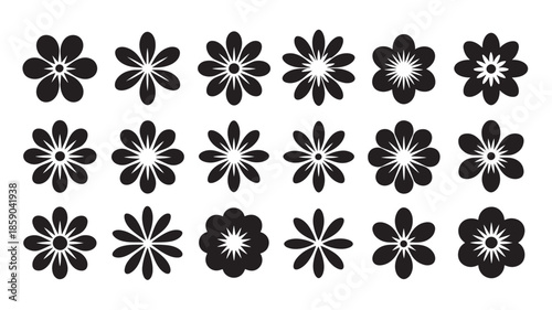 Black Floral Icons in Various Styles with White Centers on White Background for Graphic Design