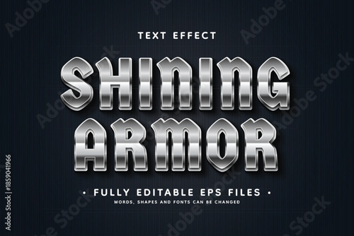 Shining armor text effect with metallic letters on dark background