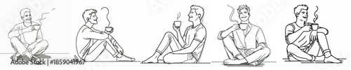 vector of a man sitting on floor relaxed enjoying coffee