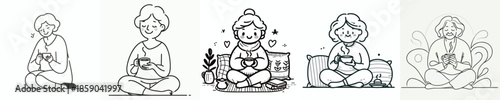 vector of a grandmother sitting on floor relaxed enjoying coffee