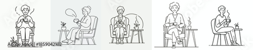vector of a grandmother sitting on chair relaxed enjoying coffee