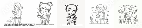 vector of a little girl sitting on chair relaxed enjoying coffee