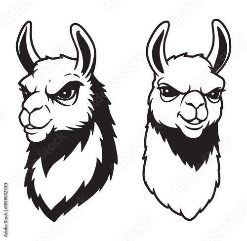 Two vector illustrations of grumpy and smiling llama head silhouettes on white background