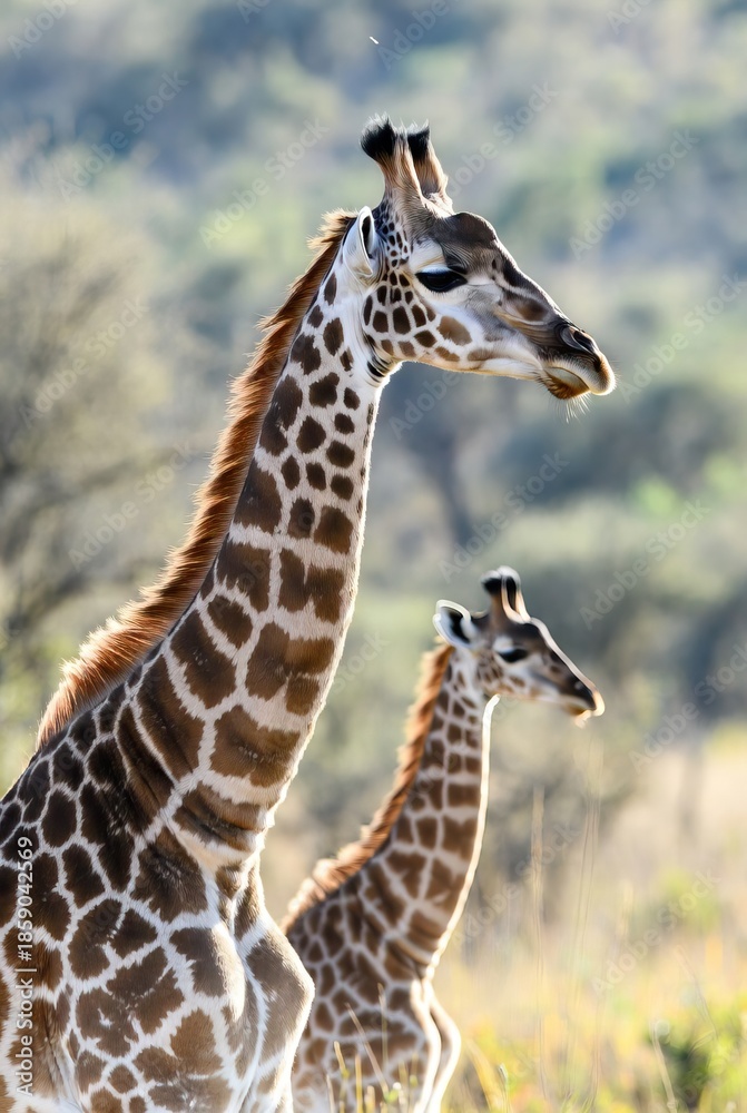 Obraz premium Two giraffes standing majestically in a sunlit natural habitat with warm glow.