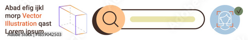 User interface design, online search, identity verification, web navigation, authentication, digital access. Magnifying glass icon, profile verification abstract cube. Online search and browser