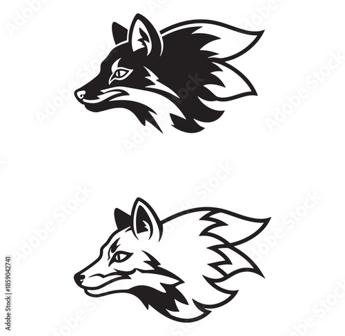Vector illustration of black and white fox head logos in minimalist graphic design