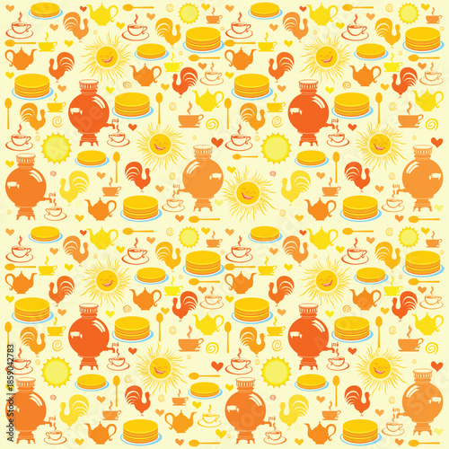 Shrovetide or Maslenitsa. Holiday Shrovetide. Russian folk festivities. The symbols of the holiday is pancakes and sun.  Great Russian holiday.  Vector illustration.