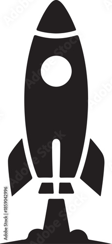 Black silhouette of a rocket launching into space