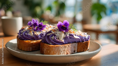 Gourmet Toast with Purple Spread and Flowers