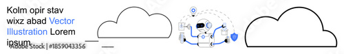 Cloud computing, digital technology, data storage, networking, remote access, IT solutions. Cloud outlines with digital connectivity icons. Cloud computing and digital technology concept