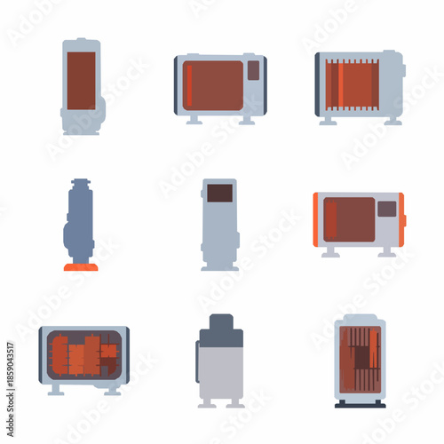 Flat Heater Appliances Icons Set of 9 Vector Illustration