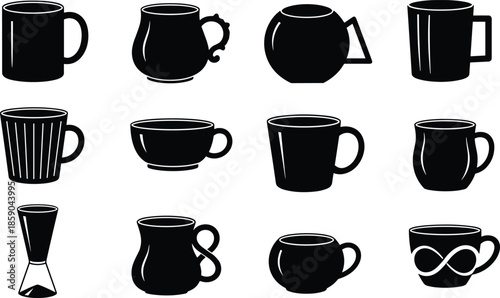 Coffee cup and mug icons set, drinkware silhouette collection, black ceramic cups, tea espresso symbols, simple minimal design vector
