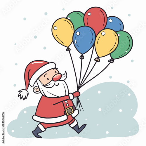 a festive illustration features santa claus cheerfully holding a colorful bunch of balloons conveying joy and holiday spirit with wintery