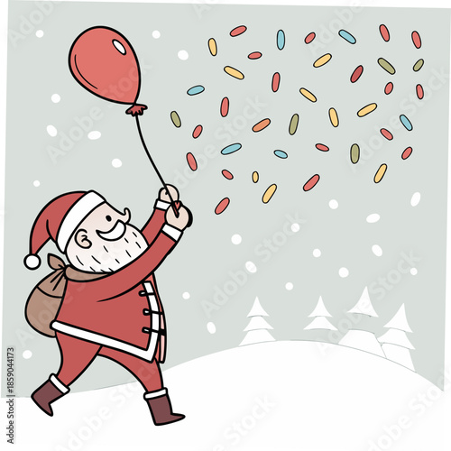 a cheerful santa claus is depicted joyfully releasing a bright red balloon amidst a flurry of colorful confetti and snowy