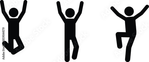 Stick figure people jumping icons set, happy human pictogram actions, black silhouette characters, simple minimal design, celebration movement symbols, infographic
