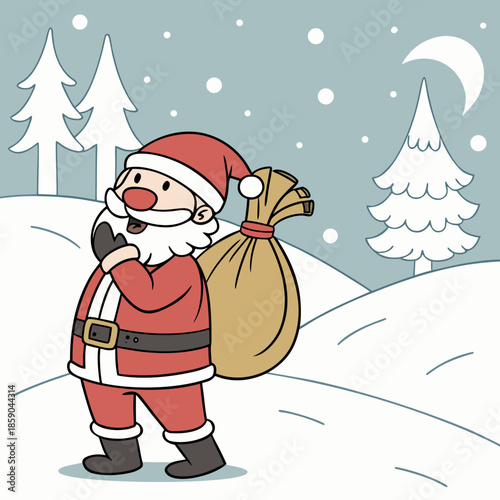 A charming illustration depicts santa claus with a large sack standing amidst wintery trees and a crescent moon