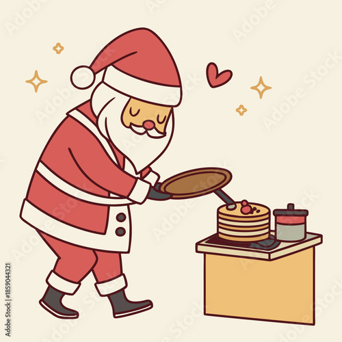 a charming illustration of santa claus happily cooking pancakes on a stove creating a festive holiday atmosphere high quality