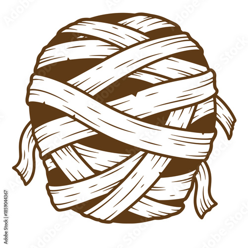 Vintage A brown and white illustration of a mummy wrapped in bandages on transparent background