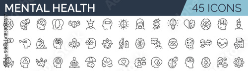 Mental health icon set with brain head mind and emotional wellness linear vector illustrations for psychological care positive thinking and self care concept