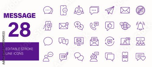 Message Editable Stroke Line Icons Set of 28 Communication Chat Speech and Notification Elements Social Media and Digital Messaging Vector Illustration