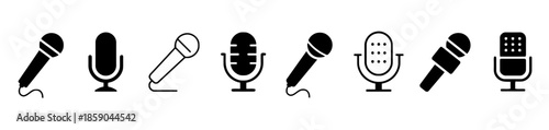 Microphone Icon Set Collection of Different Style Microphones for Recording Podcasts and Vocals in Black Color Isolated on White Background Flat Vector Illustration 200 Characters