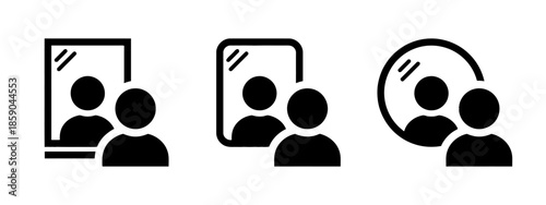 Mirror icons set Vector of people in front of square rounded and circular mirrors with reflection isolated on white background representing self image and identity