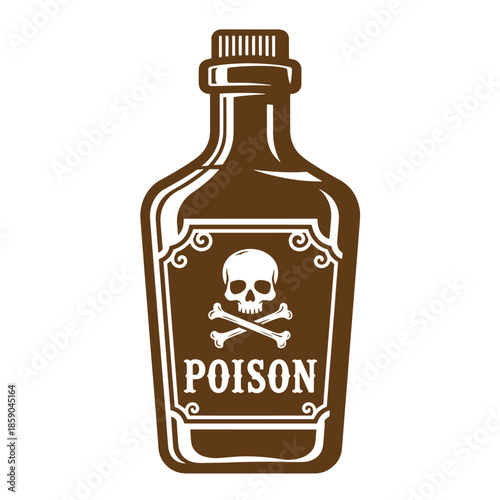 Vintage Brown bottle with poison label and skull and crossbones isolated on white background