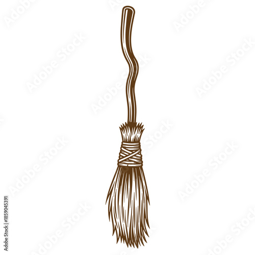 Vintage brown broom with long handle and bristles isolated on white background