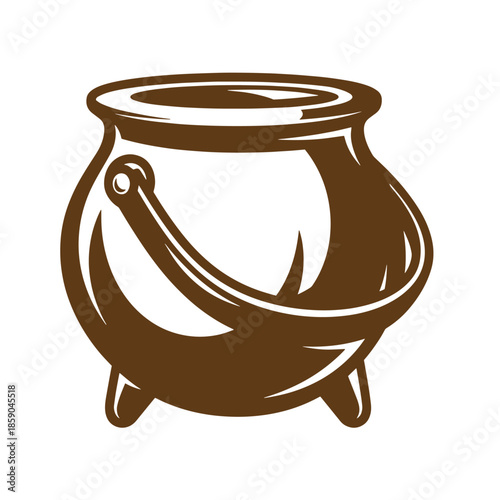 Vintage Brown cauldron with handle and three legs on white background