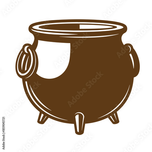 Vintage Brown cauldron with three legs and two handles on white background