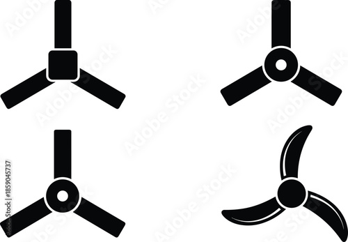 Ceiling fan icons set, three blade ventilation cooling symbols, mechanical airflow rotation elements isolated on white background black vector illustration