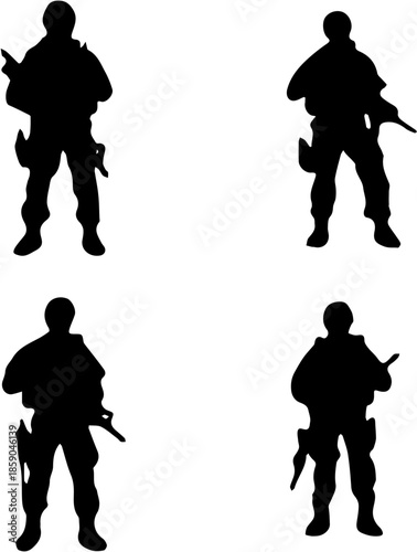 Military soldier silhouettes set, army infantry figures in tactical gear and combat poses vector illustration