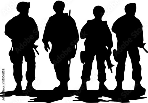 Group of four soldiers silhouette, military squad standing in tactical gear vector illustration isolated on white