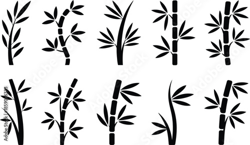 Collection of Black Bamboo Stalks and Leaves Silhouettes