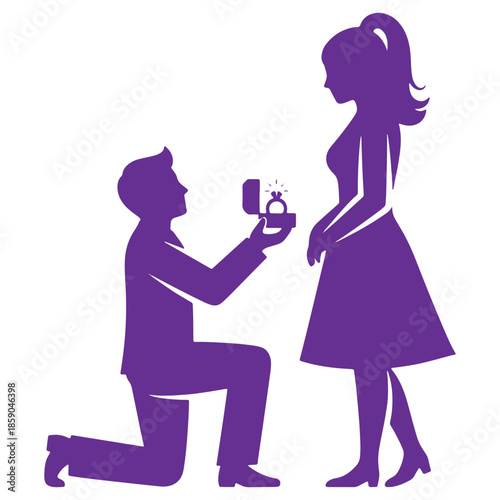 Silhouette of a man proposing to a woman with an engagement ring symbolizing love and commitment