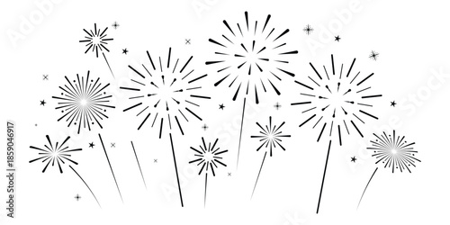Minimalist Black Firework Vector Illustration Set; Collection of Abstract Bursting Celebration Sparkles Isolated on White Background for Silhouette Art, Print, and Poster Design