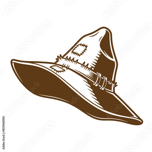 Vintage Brown cowboy hat with wide brim and feather band on transparent background