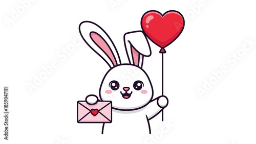 Valentine's Day Bunny Holding a Heart Balloon and Love Letter, Perfect for Greeting Cards