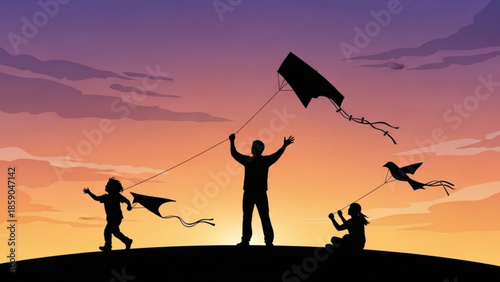 Silhouette of family flying kites on hill at colorful sunset with purple clouds