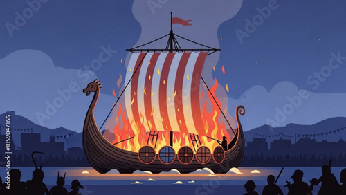 Viking longboat on fire at dusk with silhouetted crowd and cityscape