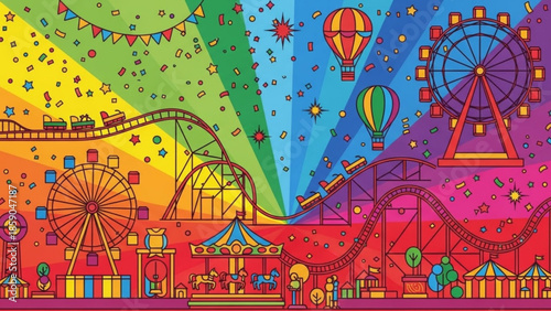 Vibrant amusement park scene with colorful rides and attractions at sunset