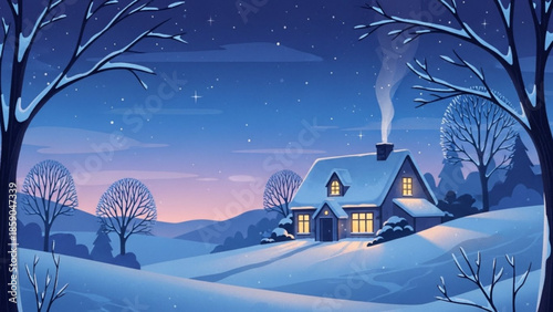 Cozy snow covered house with lit windows on a hill at dusk surrounded by bare trees
