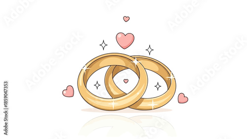 Illustration of two gold wedding rings with hearts, perfect for engagement and marriage concepts