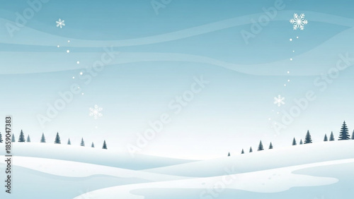 Snowy landscape with pine trees and falling snowflakes in winter