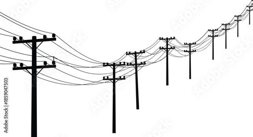 Utility poles silhouette with sagging power lines, linear infrastructure perspective, catenary curve wires, telecommunications and electrical distribution, minimal black and white vector
