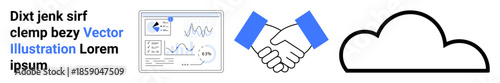 Data management, cooperation, cloud solutions, business growth, partnership, digital strategy. Graphical dashboard, handshake icon cloud symbol. Data management and cooperation concepts